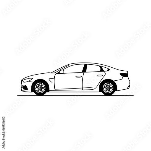Sleek modern sedan outline presented in a clean, minimalist side profile, perfect for automotive design concepts, branding, and transport marketing visuals.