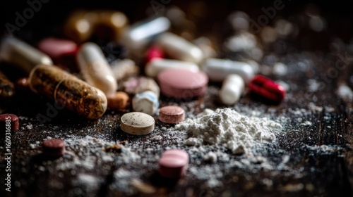 Scattered Pills and Powder on Dark Surface