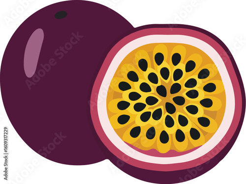 Flat color icon of passion fruit half isolated on transparent background, great for tropical drink or fruit branding icons