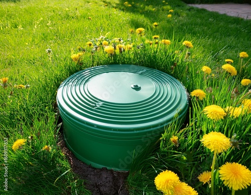 Wallpaper Mural green septic tank cover in grassy yard with dandelions Torontodigital.ca