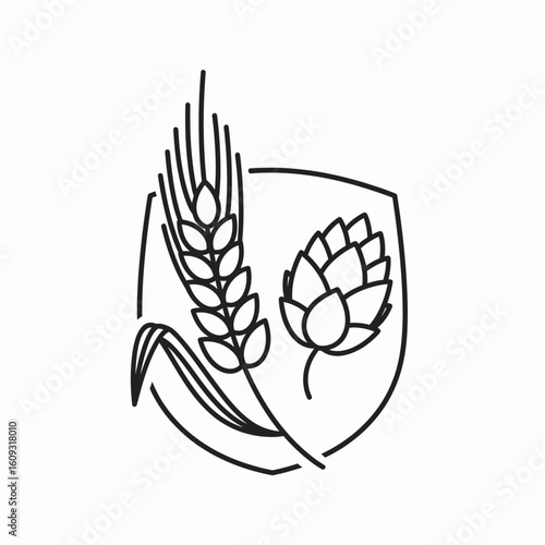 A minimalist black line art logo featuring a shield with a stalk of wheat and a single hop cone, symbolizing brewing.