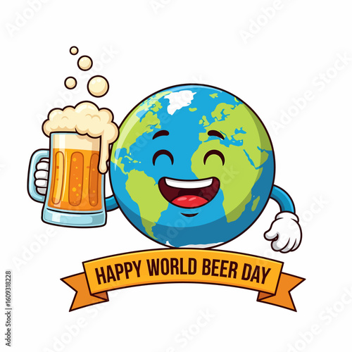 A cheerful cartoon Earth character with a happy expression holds a frothy mug of beer, celebrating World Beer Day with a banner.
