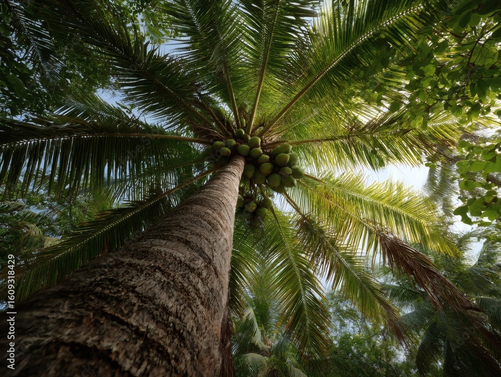Obraz premium Green fronds of a tropical coconut palm tree sway against a brilliant blue sky, evoking a feeling of summer vacation and island paradise