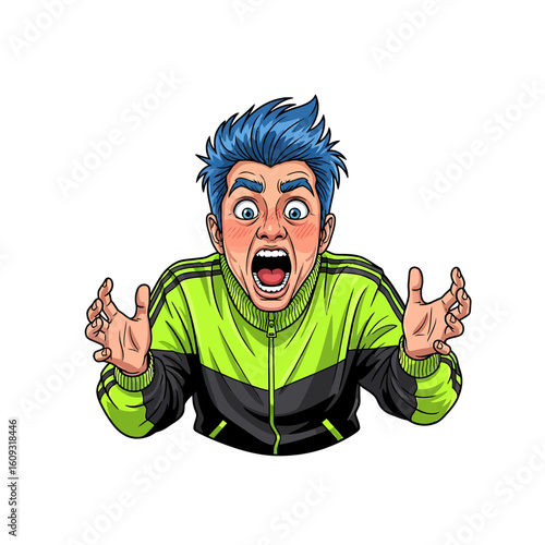 Man with blue hair shouting in shock