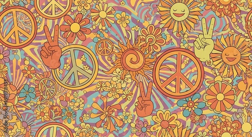 Retro Hippie Peace and Love Pattern with Vibrant Colors and Groovy Design elements