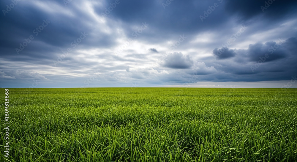 Obraz premium A vast green field beneath a dramatic sky filled with dark, ominous clouds.