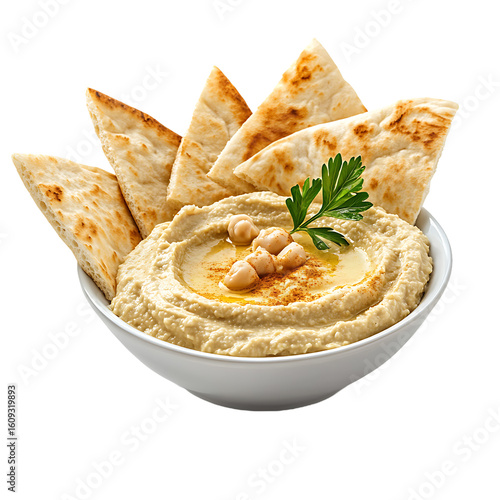 Bowl of creamy hummus garnished with chickpeas, olive oil, and parsley, served with pita bread triangles