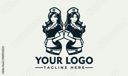 Two stylized maids in uniform, mirrored, with a house icon on their hats, above placeholder text.