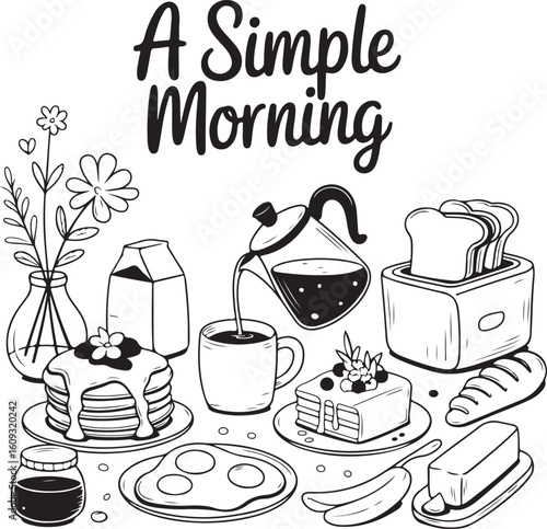 Whimsical Breakfast Spread With Flowers And Coffee food pancakes