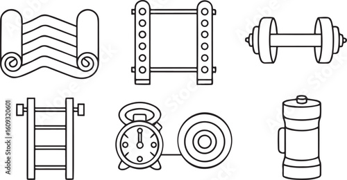 Isolated black exercise and gym icon set, features solid symbols of yoga mat, water flask, pull up bar, dumbbell rack, running track, and fitness tracking devices