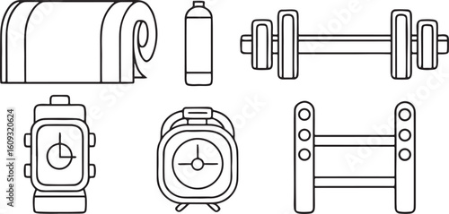 Isolated black solid fitness icons for gym and training, includes yoga mat, dumbbell rack, running track, water flask, fitness watch, and pull-up bar