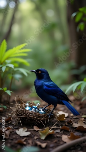 Blue Starling Bird Guards Nest of Shiny Treasure Jewel on Forest Ground
