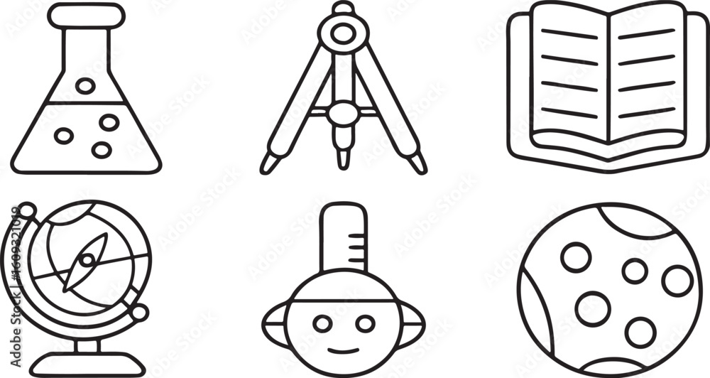 Naklejka premium Isolated black vector education icons for 100 days school milestone, includes science flask, globe, compass, notebook, eraser, kids reading, ideal for school-themed graphics