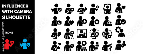 INFLUENCER WITH CAMERA Icon Silhouette Vector Set – Social Media, Content Creator and Vlogging