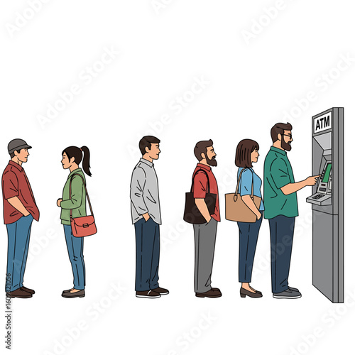 People Queue at ATM for Finance