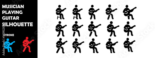 MUSICIAN PLAYING GUITAR Icon Silhouette Vector Set – Music Performance, Live Band and Instrument Player