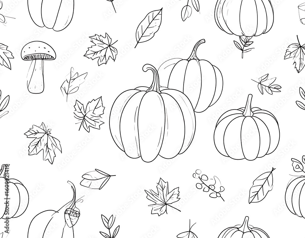 Seamless pattern of pumpkins, leaves, and mushrooms in black and white Seamless pattern of pumpkins, leaves, and mushrooms in black and white