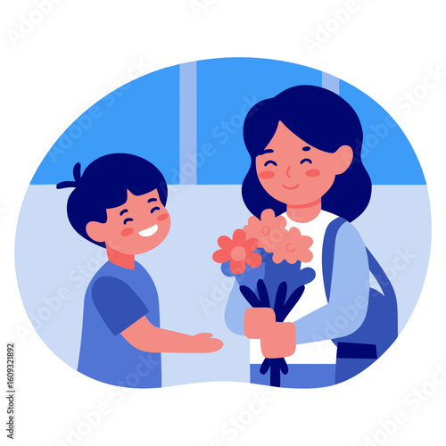Kid giving teacher flowers and smiling in a classroom setting  