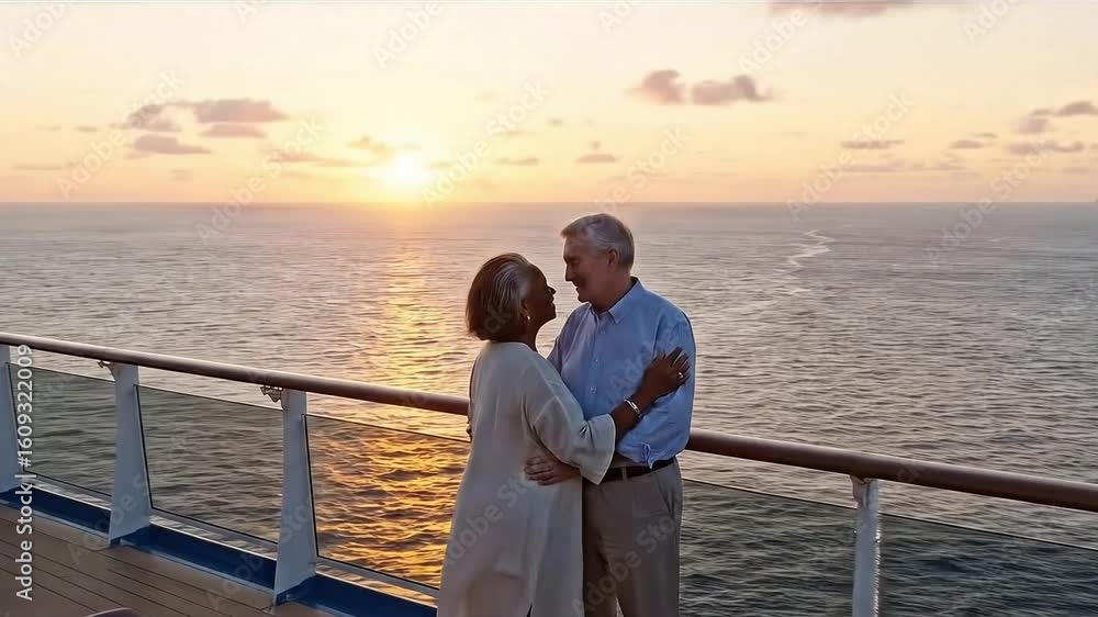 Elderly Couple Walking On Cruise Ship Deck in Evening. Senior couple on Holiday cruise. Enjoying Vacation. Romantic ocean view Elderly Couple Walking On Cruise Ship Deck in Evening. Senior couple on Holiday cruise. Enjoying Vacation. Romantic ocean view