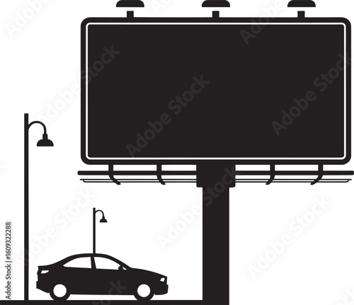 Black billboard structure with car and street lamp advertising display