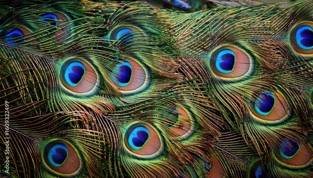 Fototapeta premium peacock feathers forming abstract jungle pattern vibrant nature texture background
