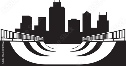 Black cityscape with skateboard park ramps white buildings