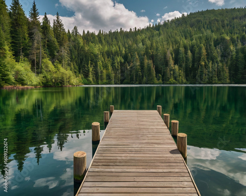 Wooden dock on emerald lake surrounded by pine forest reflection water