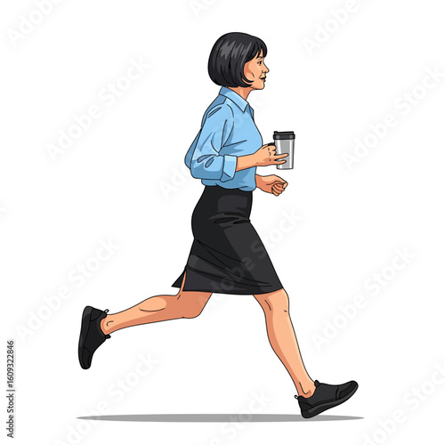 Businesswoman running with coffee cup