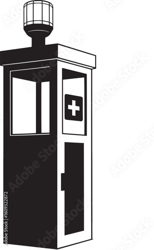 Black emergency call box with white cross symbol and light highway roadside