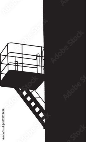 Black metal fire escape platform and stairs attached to building vector