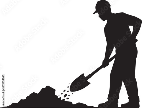 Black silhouette of a person digging with a shovel vector