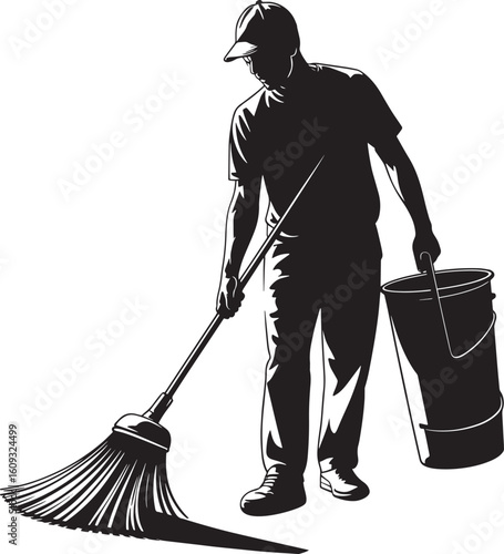 Black silhouette of a street cleaner sweeping with a broom white