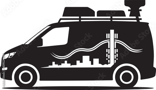 Black silhouette of a van with city skyline and air monitoring equipment vehicle transportation