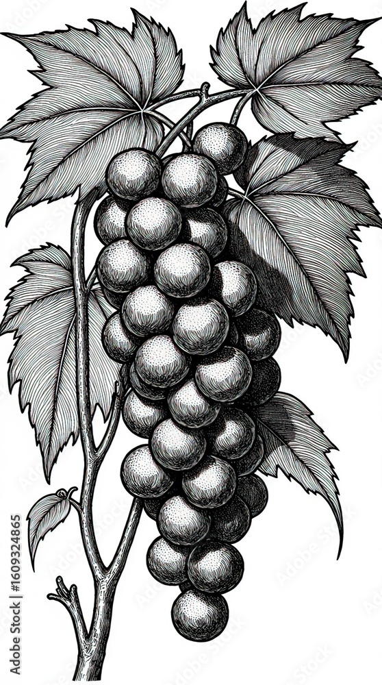 Fototapeta premium Black and white illustration of grapevine with detailed leaves and grapes sketch