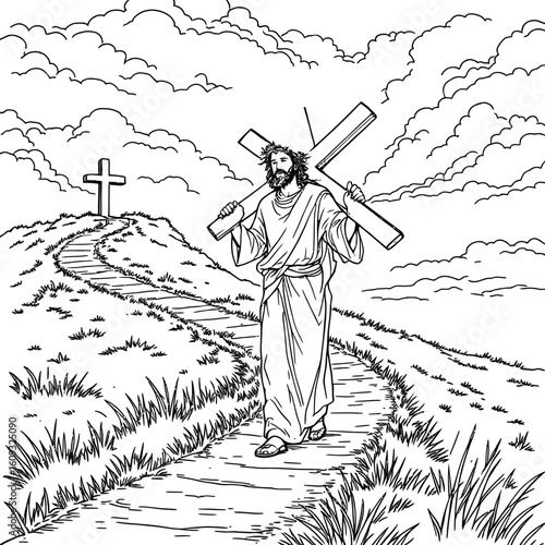 Jesus Carrying the Cross  Monochrome Silhouette Illustration Depicting Christ’s Path to Crucifixion with Crown of Thorns  Hilltop Cross
