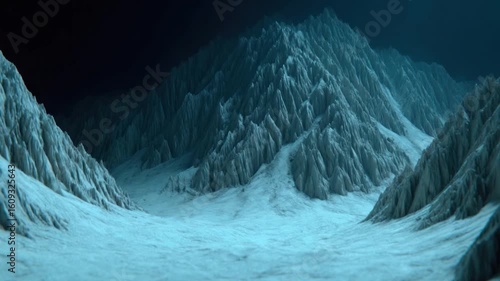 Abstract underwater landscape with jagged mountains and soft glowing light in deep ocean environment