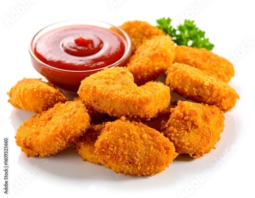 Crispy, golden-brown chicken nuggets, piled high, with a side of ketchup