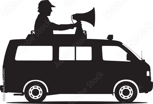 Man with loudspeaker on van roof vehicle transport