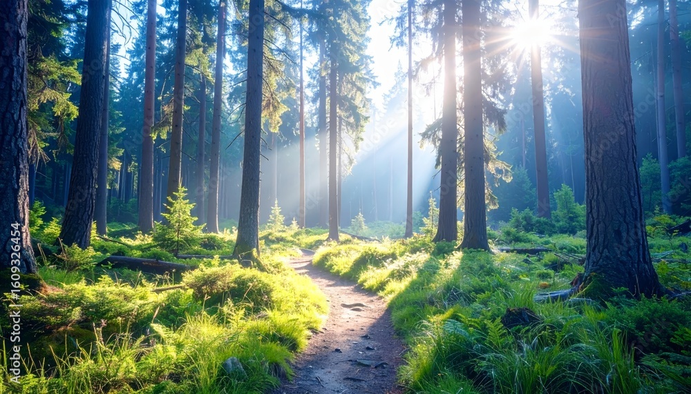 Obraz premium Sunlit Forest Path Green Grass and Sunlight Beams