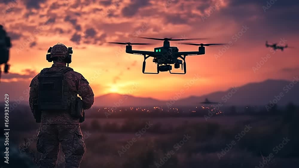 Soldier observing drones at sunset over a mountainous landscape, highlighting military technology use Soldier observing drones at sunset over a mountainous landscape, highlighting military technology use
