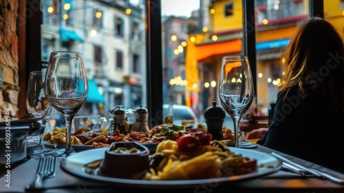 Restaurant meal viewed through window