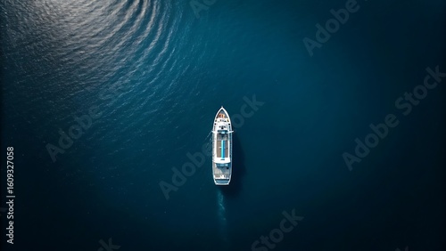 Aerial view of a white ship sailing on deep blue water