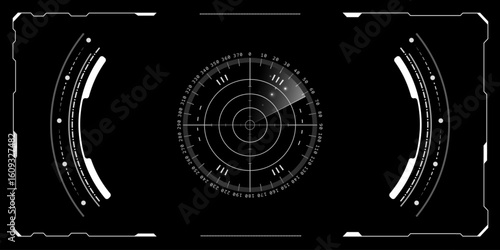 HUD radar tech with cyberpunk military screens and futuristic UI displays. AI scanning interfaces for virtual cockpits or spaceship dashboards. Digital hologram systems with target grids for game.
