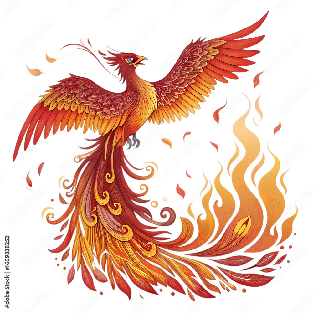 Fototapeta premium Phoenix Rebirth and Renewal in Fire and Feathers on transparent background
