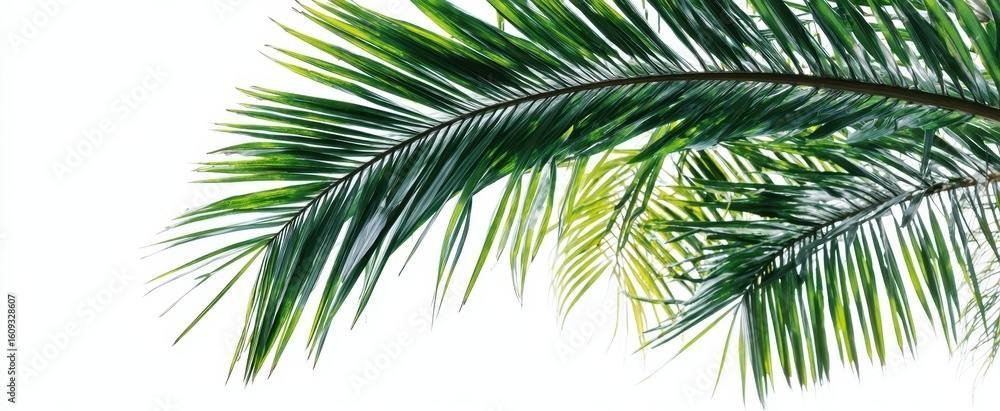 Fototapeta premium The lush green palm leaf against a bright white background