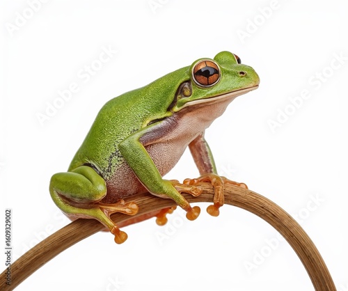Green tree frog on branch isolated on transparent background, vibrant amphibian photo
