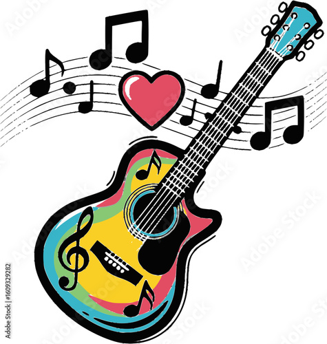 Colorful acoustic guitar with musical notes and heart; music celebration; design
