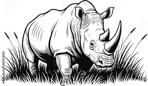 Line art drawing of a rhinoceros in tall grass. EPS Vecror
