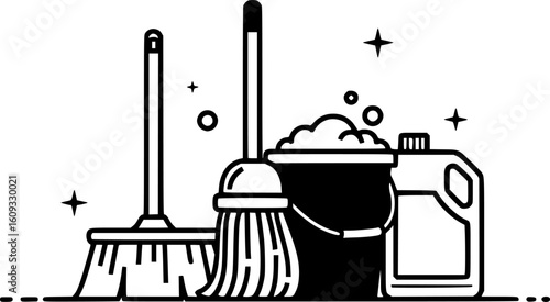 Cleaning supplies broom, mop, bucket, soapy water. Background sparkling clean. Use cleaning service ad, EPS Vector