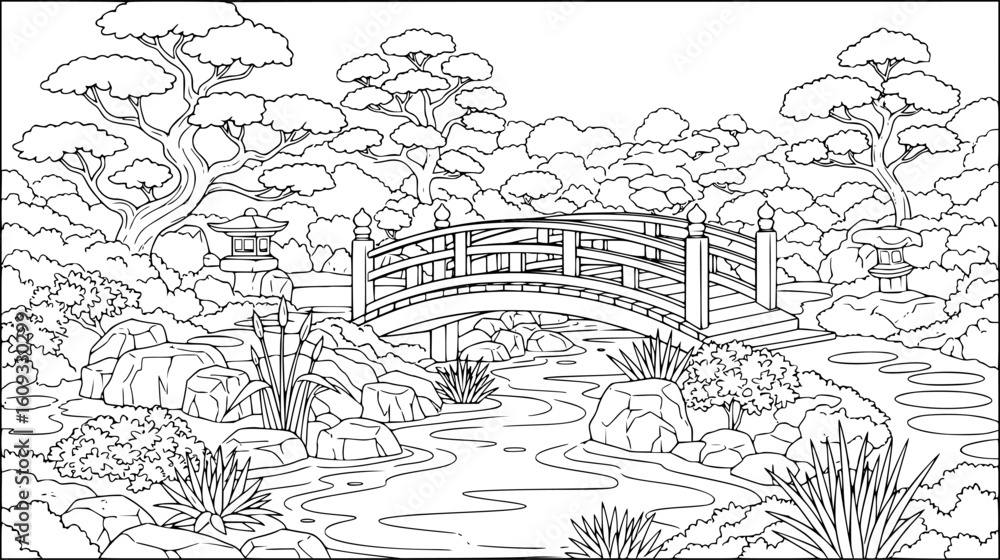 Fototapeta premium Japanese garden scene with bridge, coloring book page
